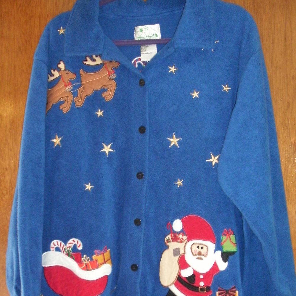Quacker Factory Blue Christmas Santa Button Down Fleece Jacket Shirt 1X